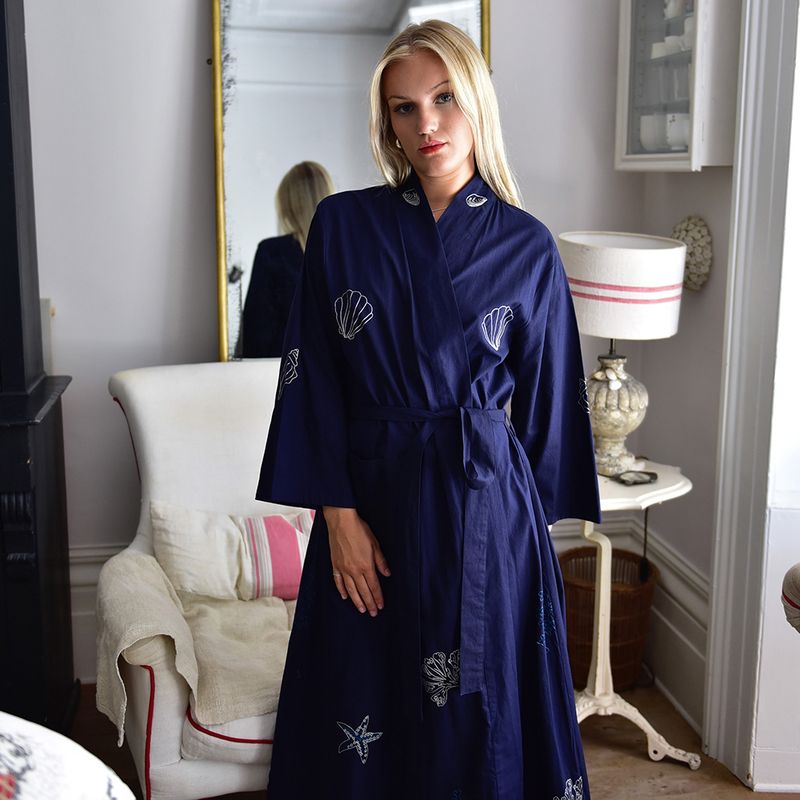 Navy Blue Embroidered Sea Shell Cotton Dressing Gown