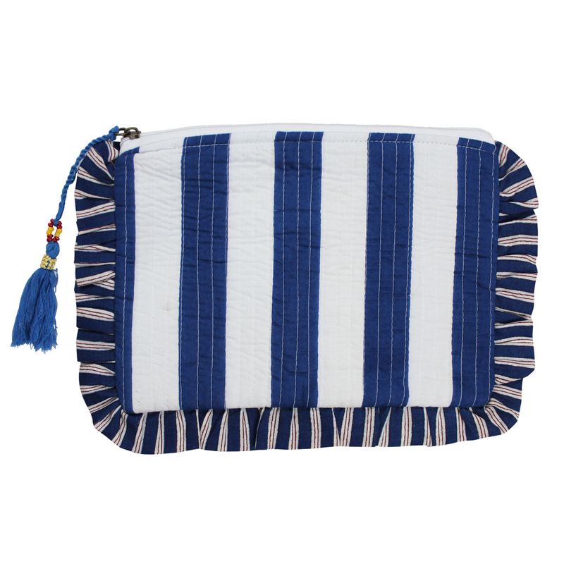 Blue & White Sea Shell Quilted Ruffle Make Up Bag