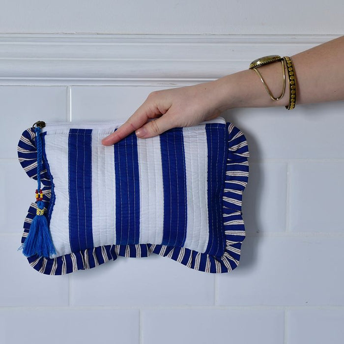Blue & White Sea Shell Quilted Ruffle Make Up Bag
