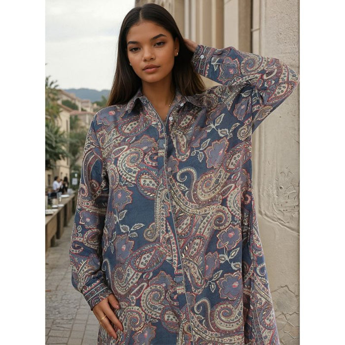 'Flora' Buttoned Blue Grey, Coral & Cream Paisley Print Shirt Dress