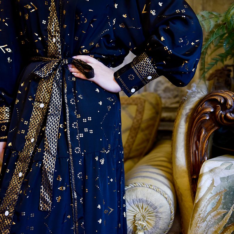 'Ember' Black & Gold Small Geo Print Long Tiered Dress