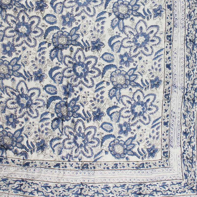 Indigo Blue & White Floral Indian Block Printed Cotton Bed Quilt