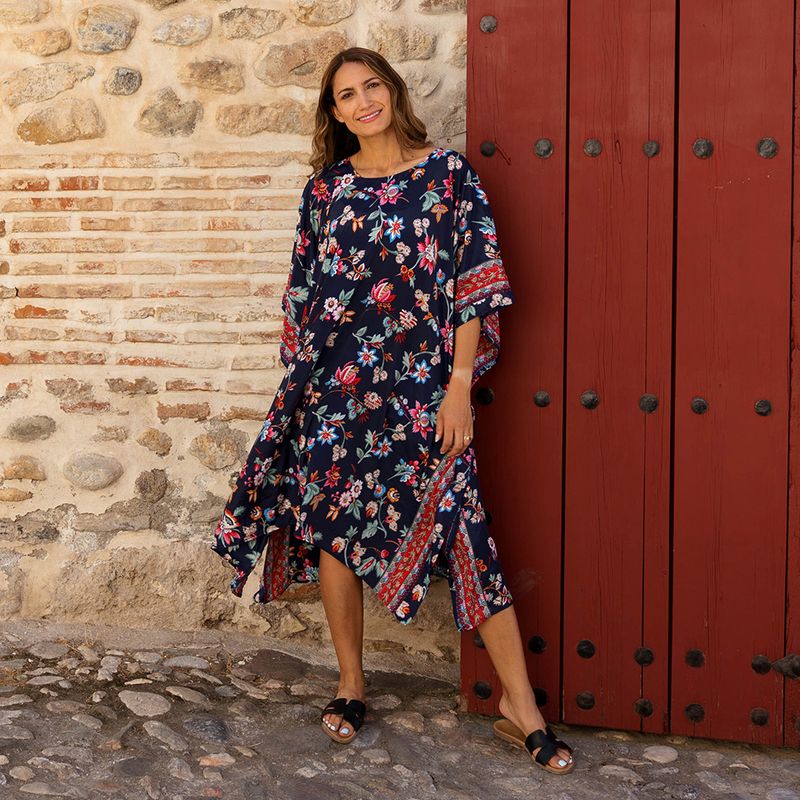 'Cleo' Navy Folk Floral Kaftan