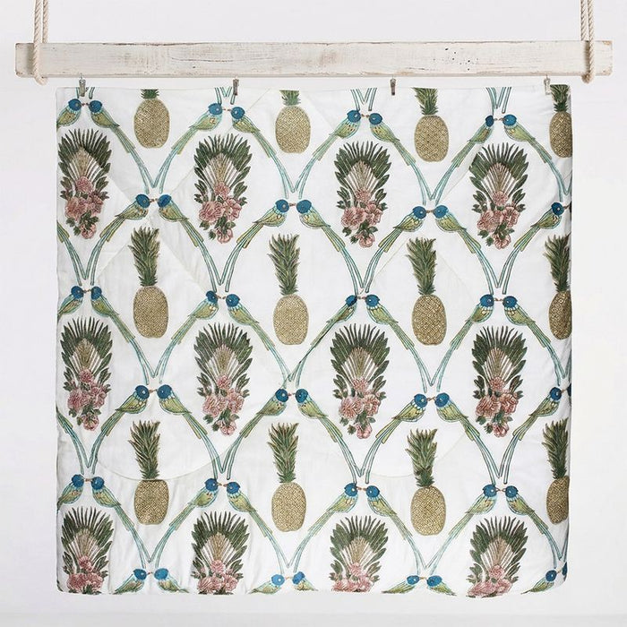 Pineapple & Bluebird Print Cotton Indian Bed Quilt