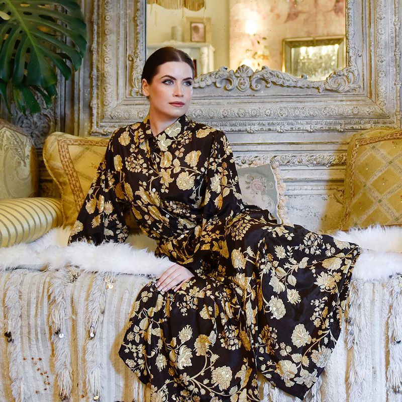 'Mika' Rich Brown & Gold Floral Print Long Tiered Dress