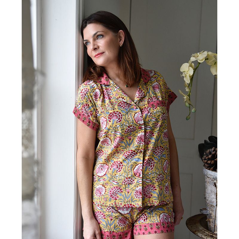 Yellow & Pink Carnation Cotton Short Pyjama Set