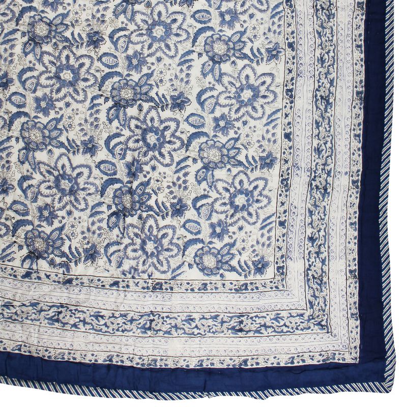 Indigo Blue & White Floral Indian Block Printed Cotton Bed Quilt