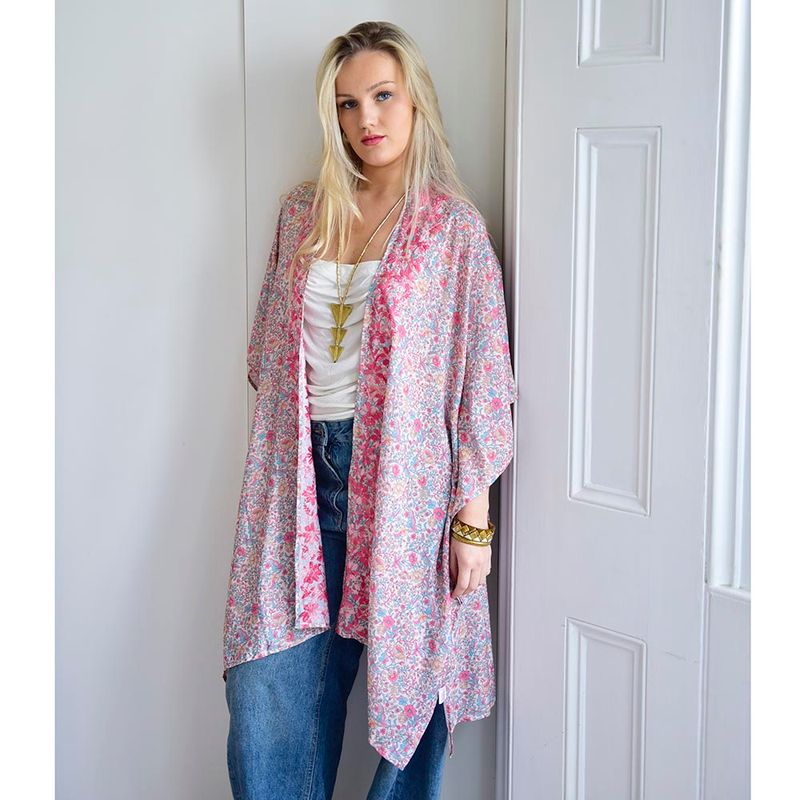 Pastel Floral Viscose Kaftan Jacket with Heavy Pink Ombre Fishbone Embroidery