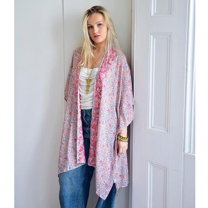 Pastel Floral Viscose Kaftan Jacket with Heavy Pink Ombre Fishbone Embroidery