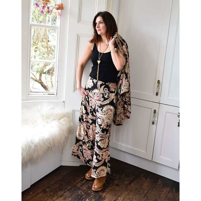 'Eira' Black, Rose & Gold Floral Baroque Viscose Palazzo Trousers