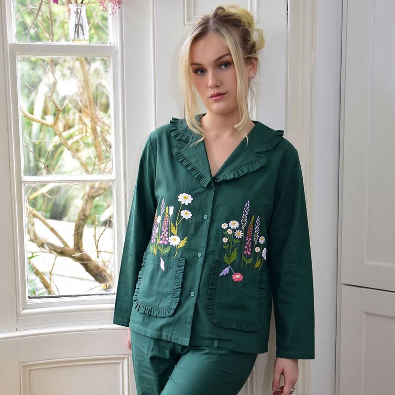 Forest Green Embroidered Floral Cotton Pyjamas