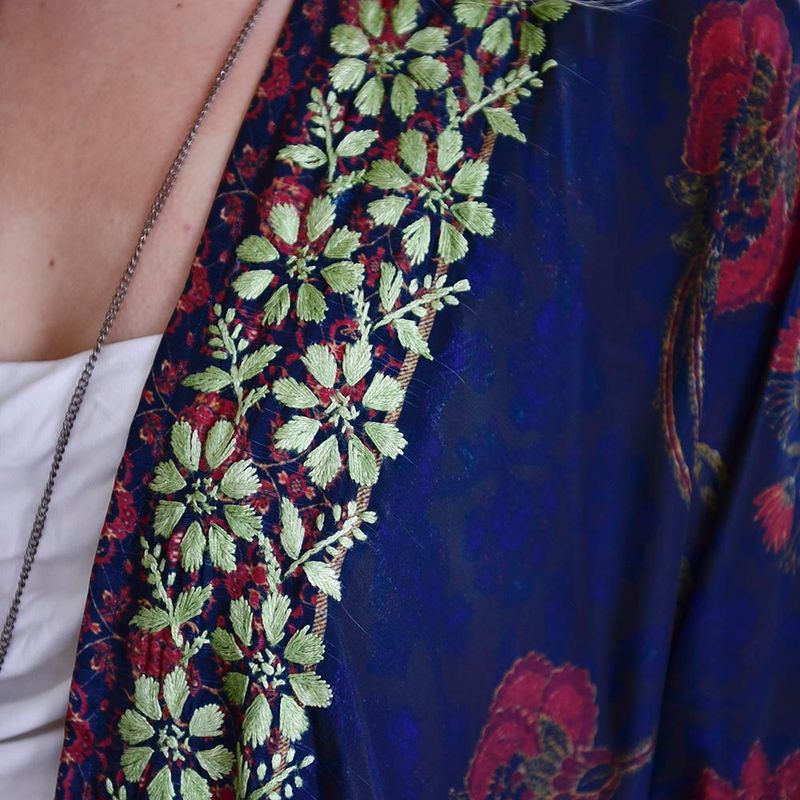 Antique Floral Viscose Kaftan Jacket with Heavy Green Fishbone Embroidery