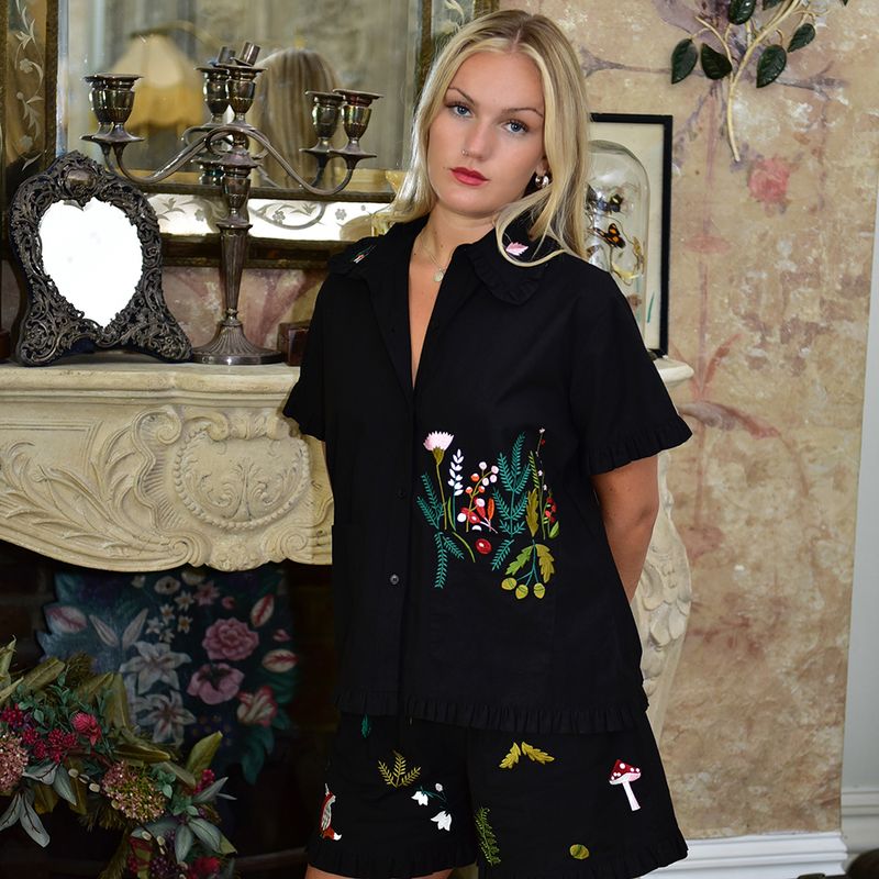 Midnight Black Embroidered Woodland Cotton Short Pyjama Set