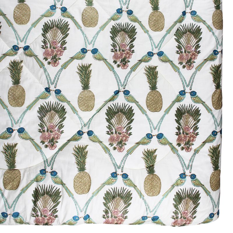 Pineapple & Bluebird Print Cotton Indian Bed Quilt