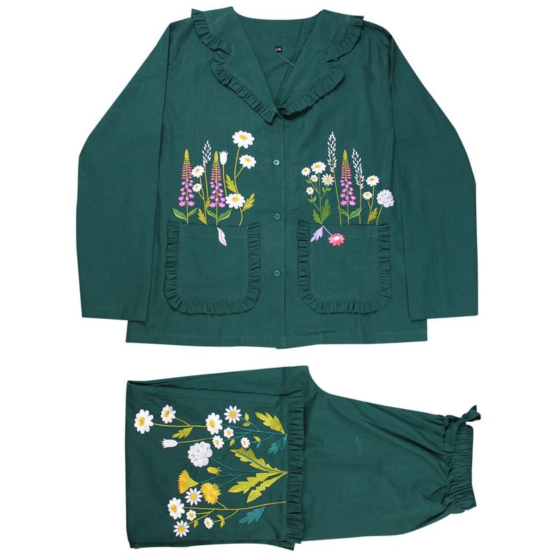 Forest Green Embroidered Floral Cotton Pyjamas