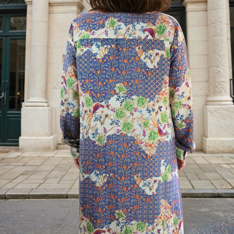 'Dawn' Buttoned Blue & Orange Mixed Floral Print Shirt Dress