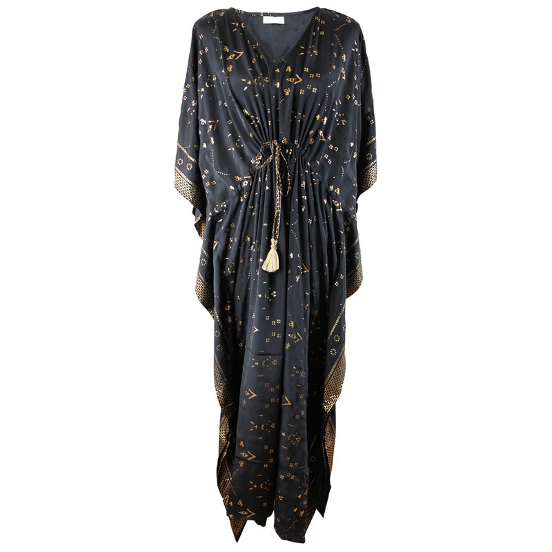 'Fable' Black & Gold Small Geo Print Kaftan Dress