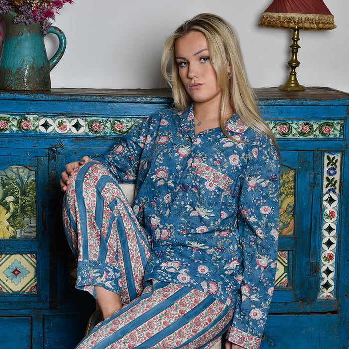 Block Printed Inky Blue & Pink Floral Stripe Cotton Pyjamas