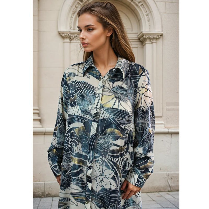 'Maren' Buttoned Navy, Cream & Gold Abstract Floral Print Shirt Dress