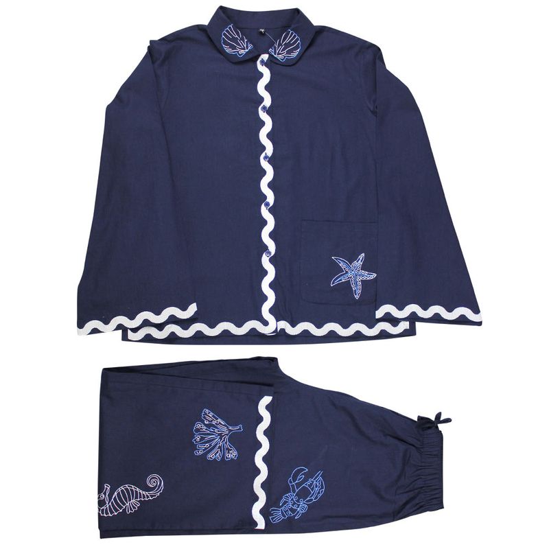 Navy Blue Embroidered Sea Shell Cotton Pyjamas