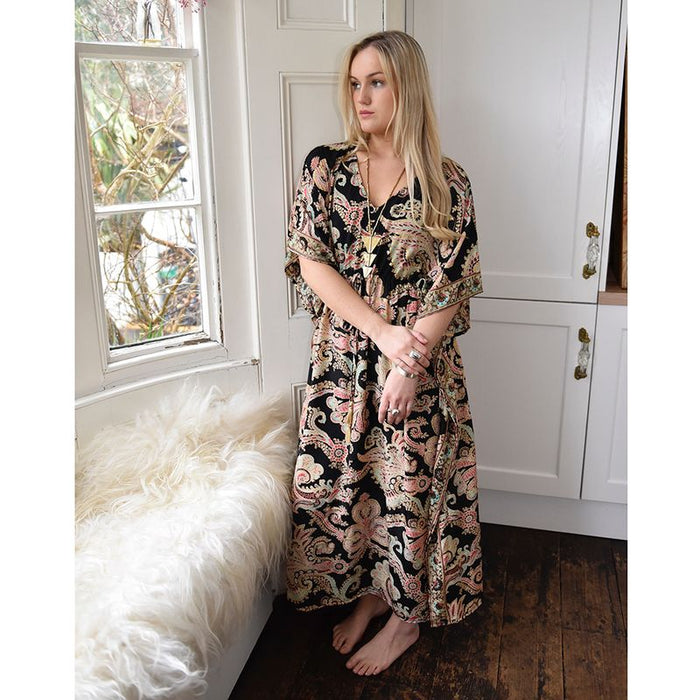 'Misty' Black, Rose & Gold Floral Baroque Print Kaftan Dress