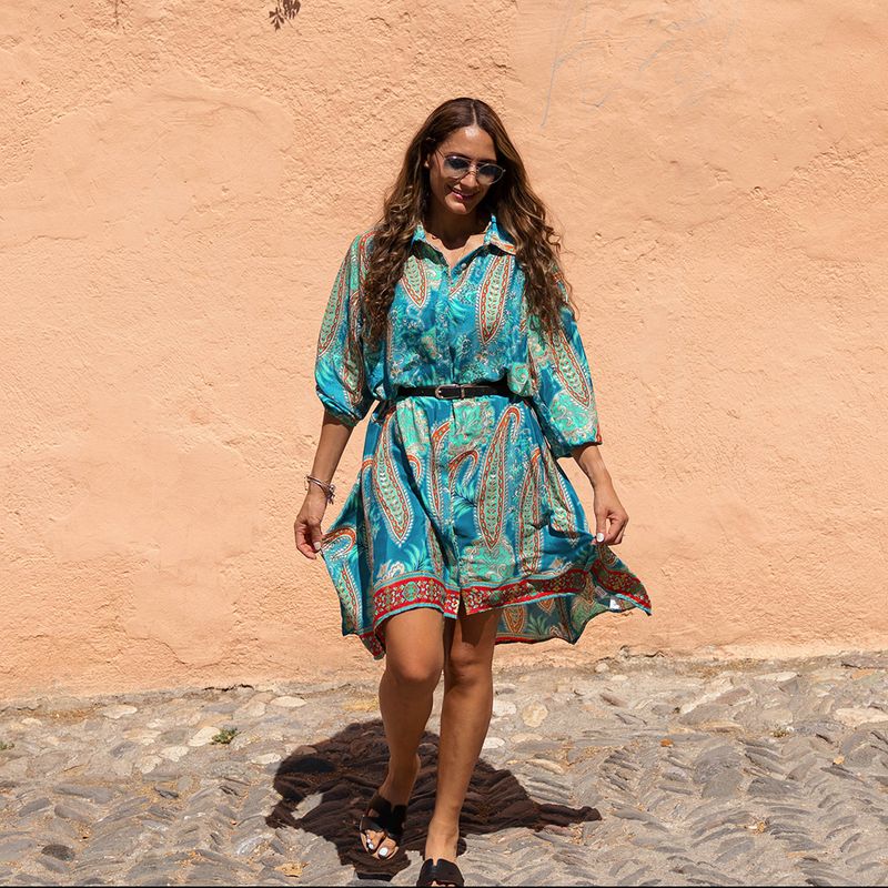 'Ella' Buttoned Turquoise & Pink Paisley Shirt Dress