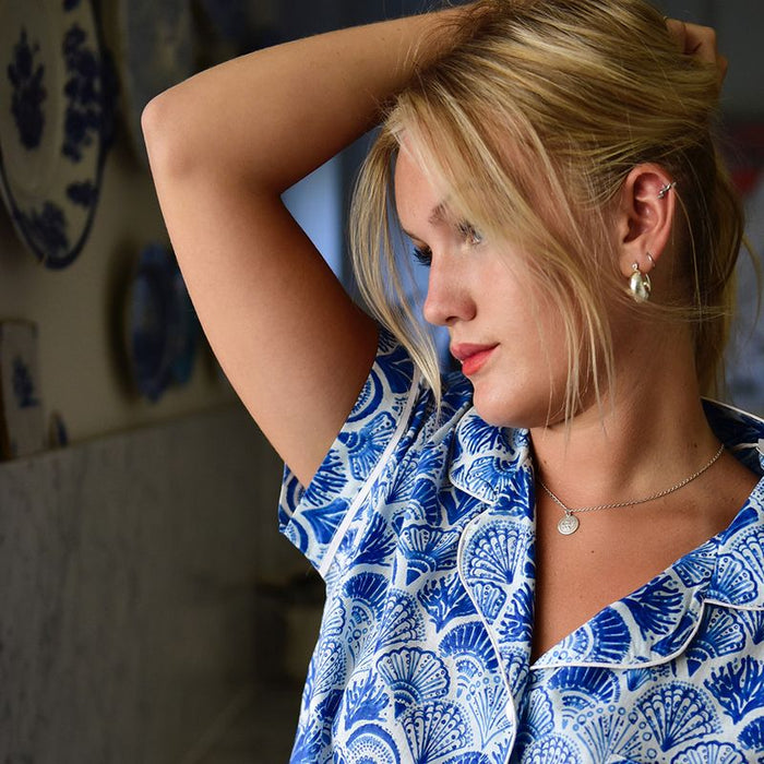 Blue & White Sea Shell Cotton Short Pyjama Set