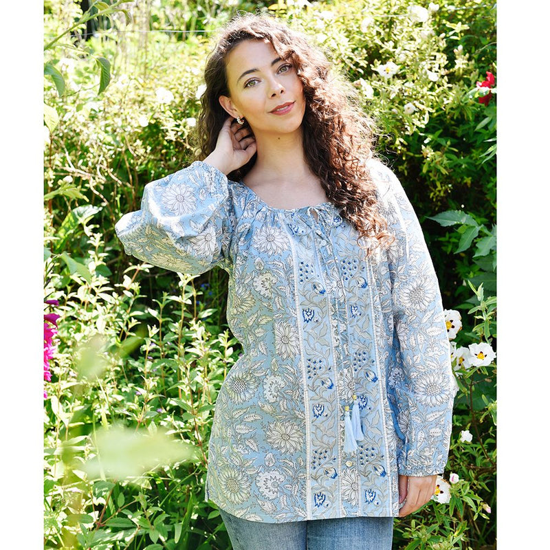 Block Printed Blue Cornflower Cotton Blouse 'Emery'