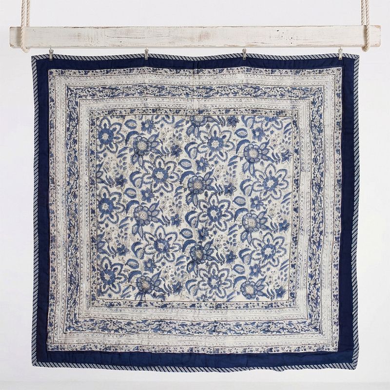 Indigo Blue & White Floral Indian Block Printed Cotton Bed Quilt