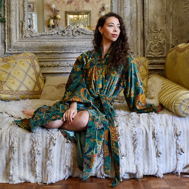 Velvet Green Exotic Bouquet Dressing Gown