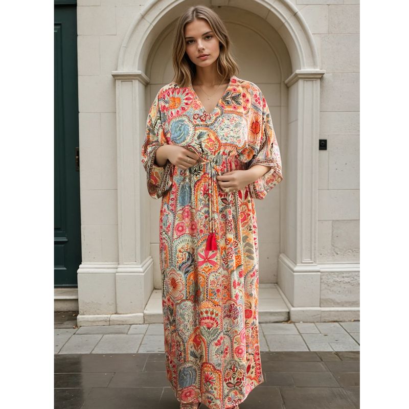 'Teagan' Pink, Orange & Cream Floral Tile Print Batwing Dress
