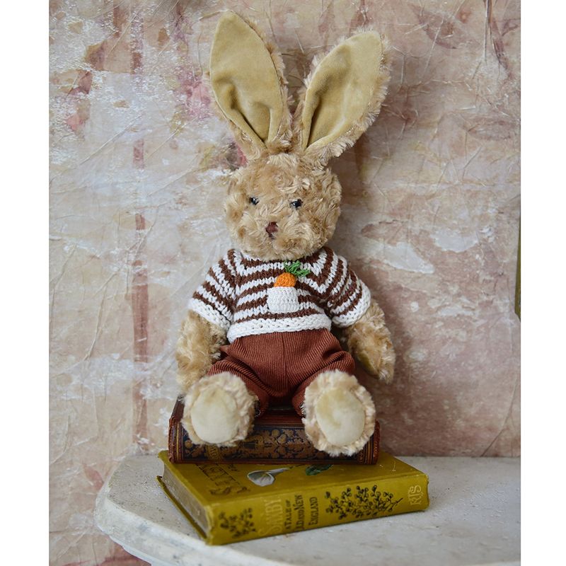 Rabbit Teddy Wearing Hand Knitted Jumper With Carrot In Pocket