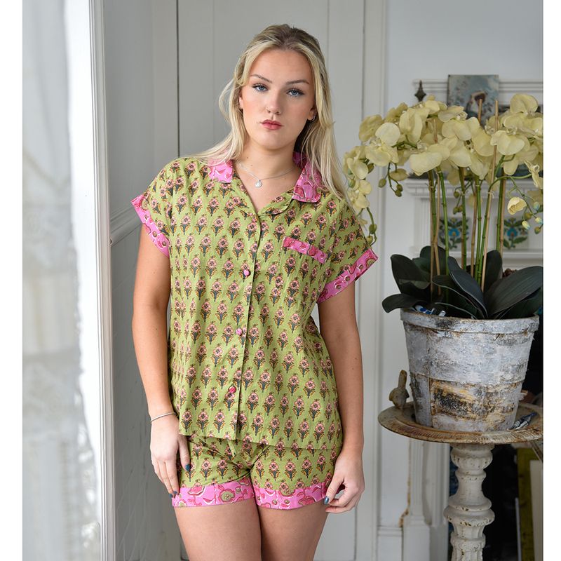 Block Printed Green & Pink Floral Cotton Short Pyjama Set