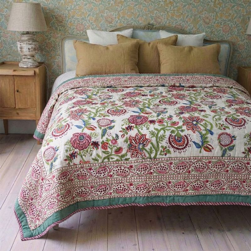 Turquoise, Pink & Burgundy Floral Indian Block Printed Cotton Bed Quilt