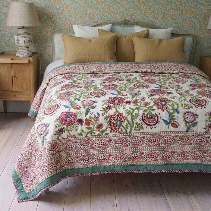 Turquoise, Pink & Burgundy Floral Indian Block Printed Cotton Bed Quilt