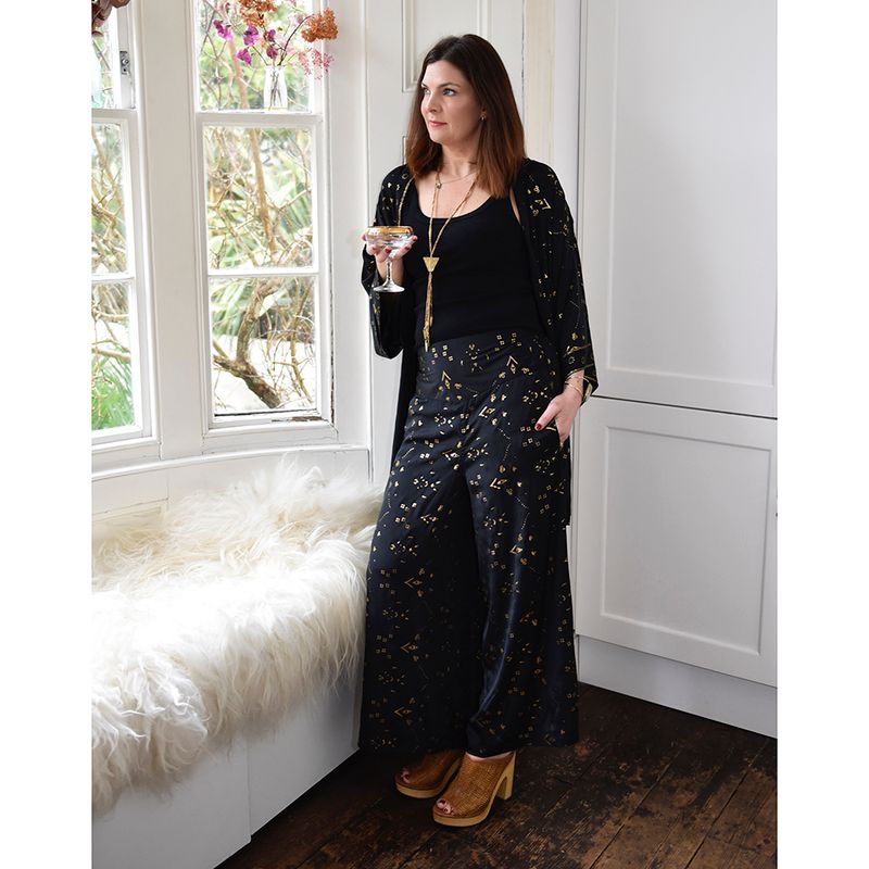 'Ziggy'  Black & Gold Small Geo Print Viscose Palazzo Trousers