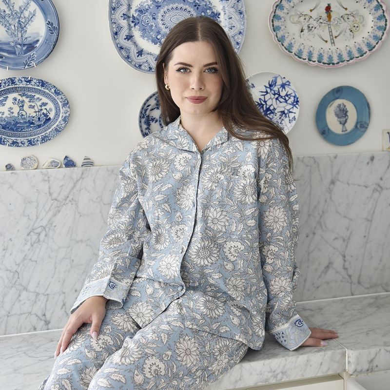 Block Printed Blue Cornflower Cotton Pyjamas