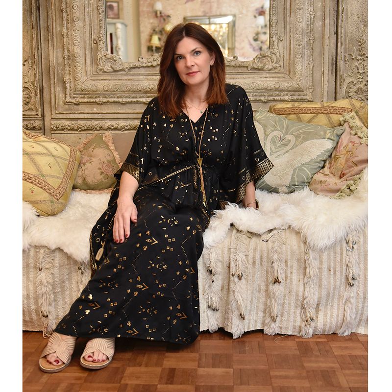 'Fable' Black & Gold Small Geo Print Kaftan Dress