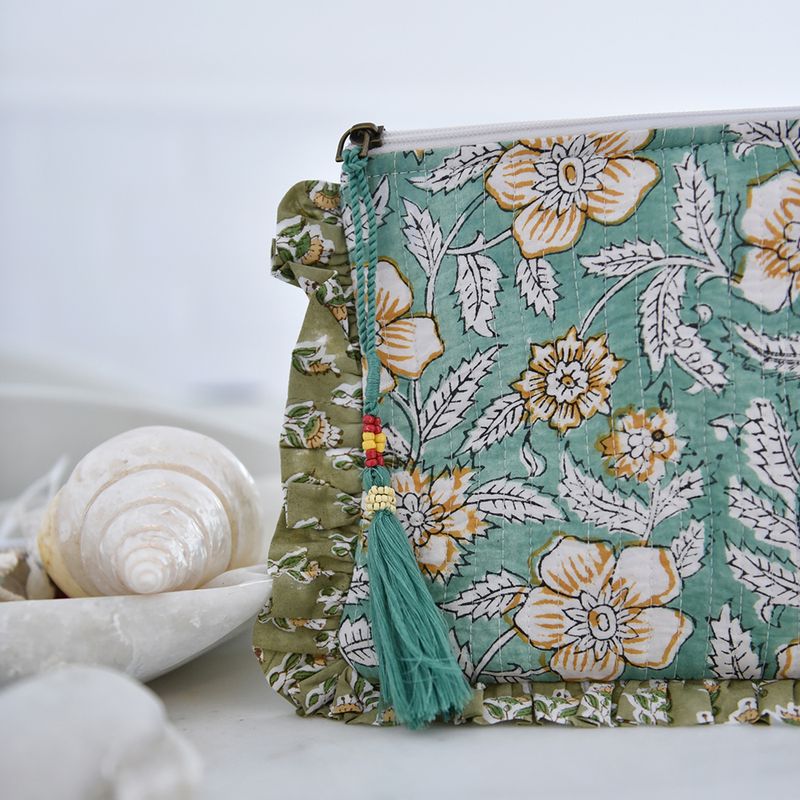 Block Printed Green Succulent & Mustard Floral Quilted Ruffle Make Up Bag