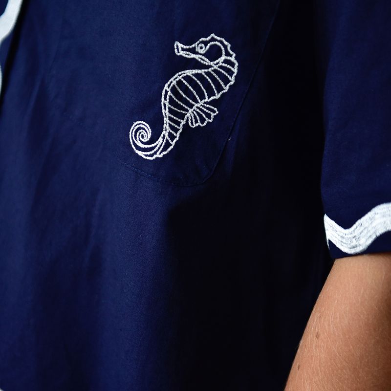 Navy Blue Embroidered Sea Shell Cotton Short Pyjama Set