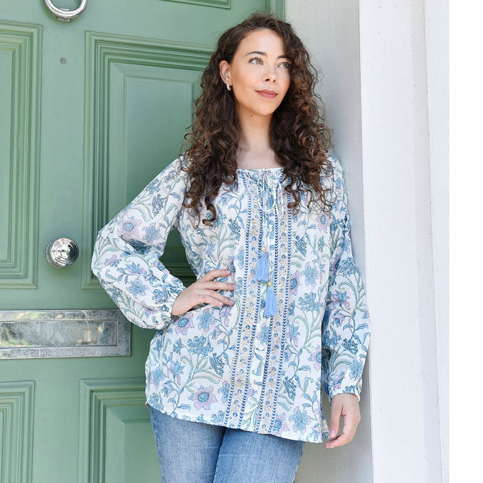 Block Printed Lilac Floral Cotton Blouse 'Cassidy'