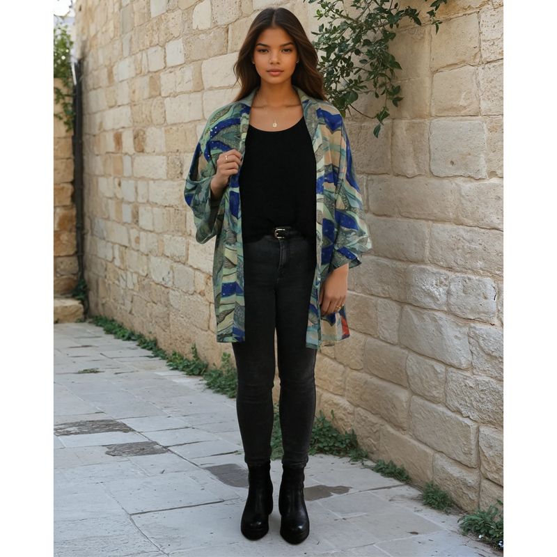 Blue, Green & Cream Marble Print Viscose Summer Jacket