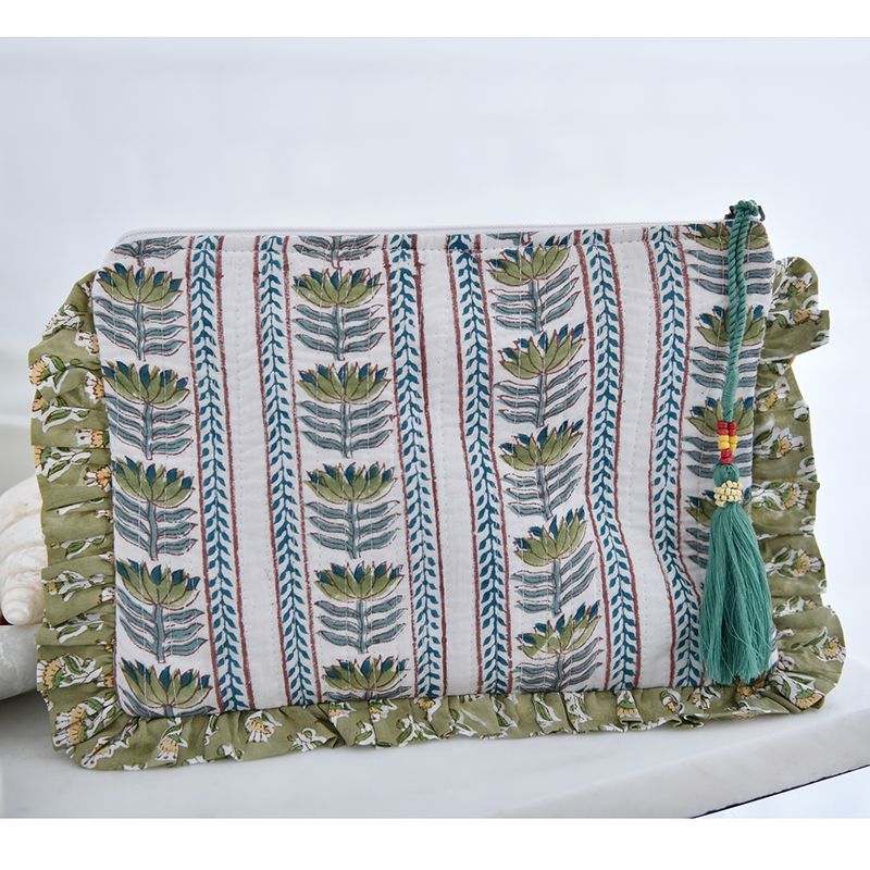 Block Printed Green Succulent & Mustard Floral Quilted Ruffle Make Up Bag