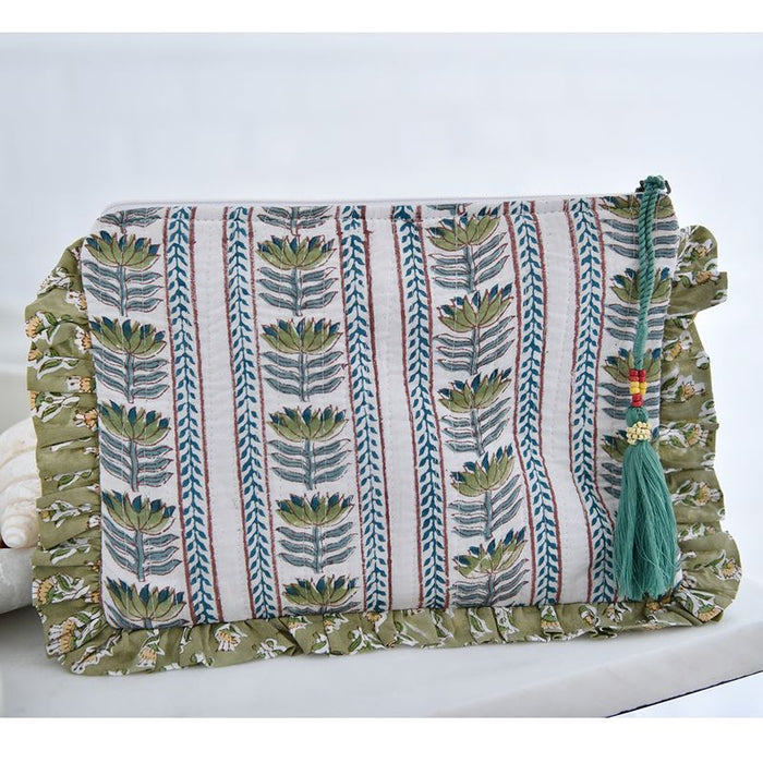 Block Printed Green Succulent & Mustard Floral Quilted Ruffle Make Up Bag