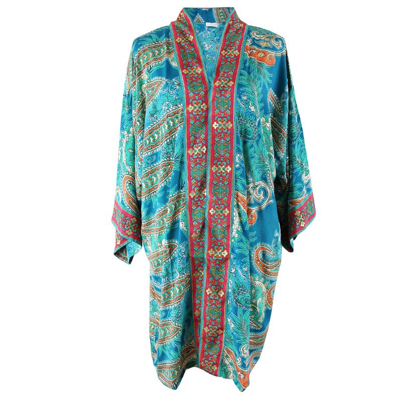 Turquoise & Pink Paisley Viscose Long Summer Jacket