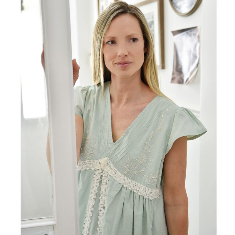 Ladies Green Cotton Lace Panel Nightdress 'Valerie'