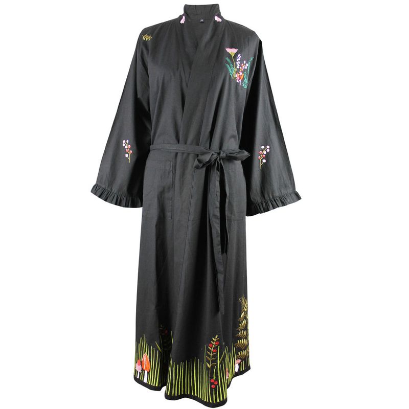 Midnight Black Embroidered Woodland Cotton Dressing Gown