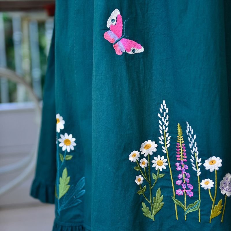 Forest Green Embroidered Floral Cotton Dressing Gown