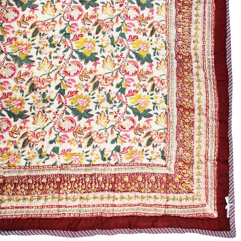 Deep Red, Green & Mustard Floral Indian Block Printed Cotton Bed Quilt