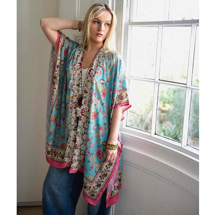 Exotic Floral Viscose Kaftan Jacket with Heavy Cream Fishbone Embroidery